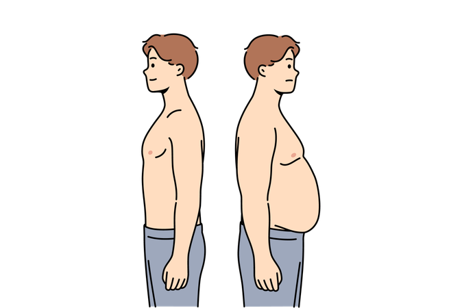 Hombres delgados y gordos están uno al lado del otro demostrando cambios en las figuras después de comer comida rápida  Ilustración