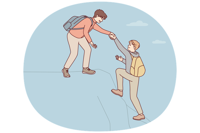 Hombres escaladores con mochilas suben altas montañas superando difíciles secciones de roca  Ilustración