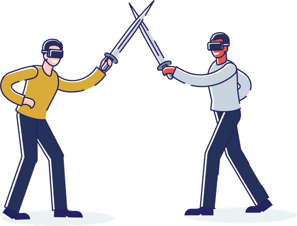 Hombres gafas de realidad virtual peleando en praderas  Ilustración