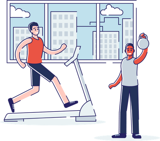 Hombres haciendo ejercicio en el gimnasio  Ilustración