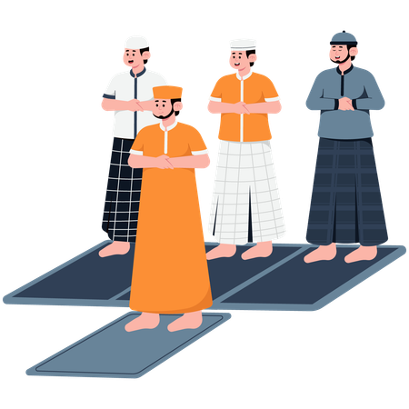 Hombres musulmanes rezando Eid mientras están de pie sobre una alfombra de oración  Ilustración