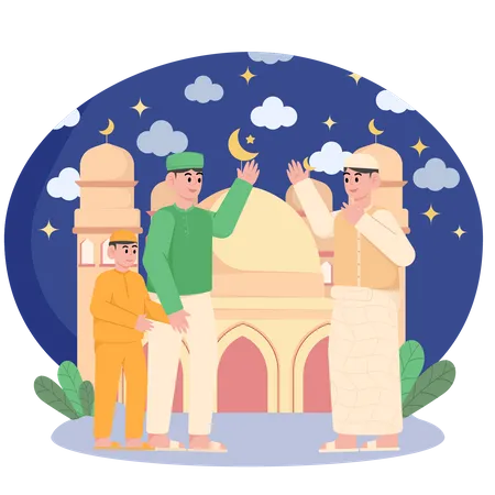 Hombres musulmanes saludándose en Ramadán  Ilustración