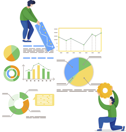 Hombres que utilizan herramientas de negocios para proyectos  Ilustración