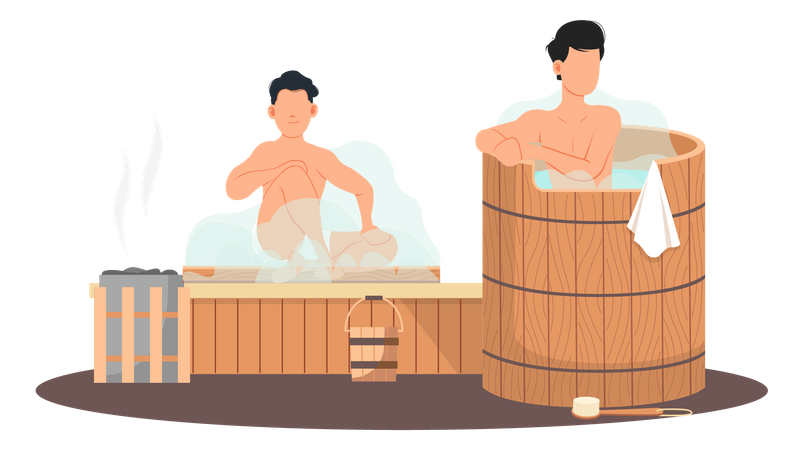 Hombres relajándose en la sala de sauna  Ilustración