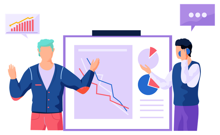 Hombres trabajando con diagramas  Ilustración