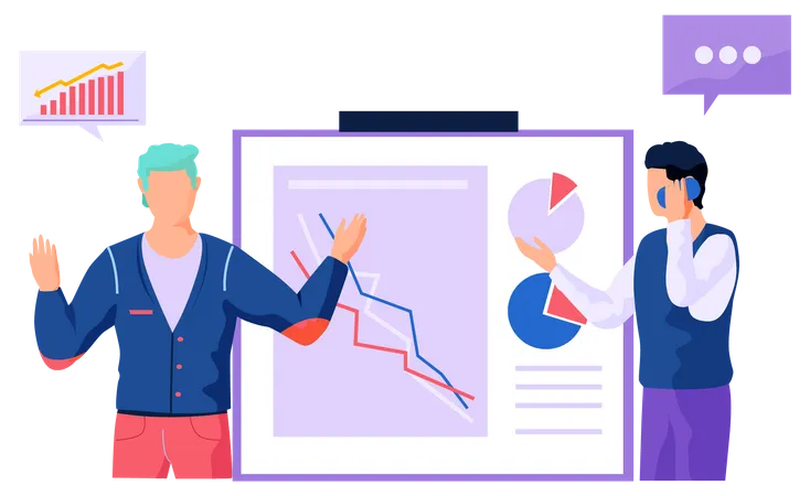 Hombres trabajando con diagramas  Ilustración