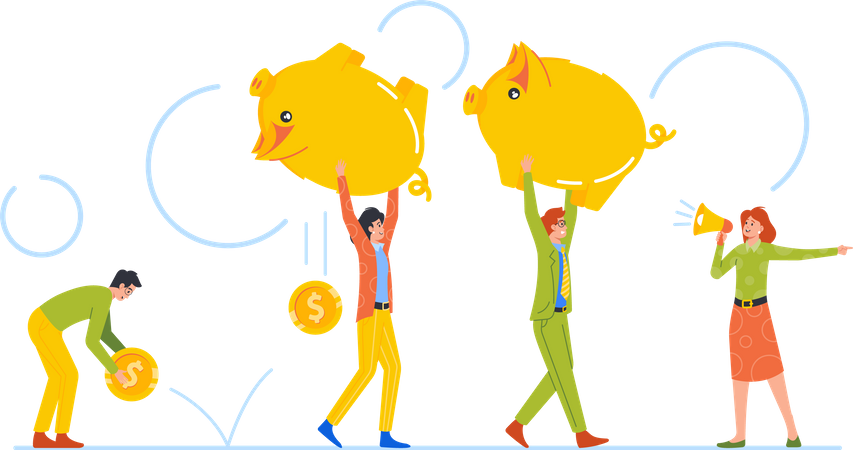 Hombres y mujeres cargan una enorme alcancía con monedas caídas  Ilustración