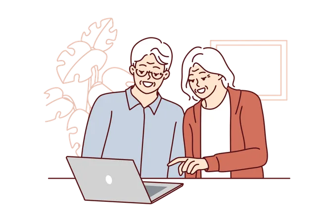 Hombres y mujeres mayores están sentados a la mesa con una computadora portátil aprendiendo a manejar la tecnología moderna  Ilustración