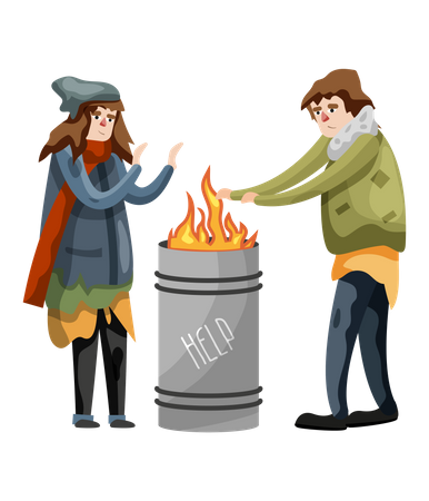Hombres y mujeres sin hogar dándose la mano en llamas en invierno  Ilustración