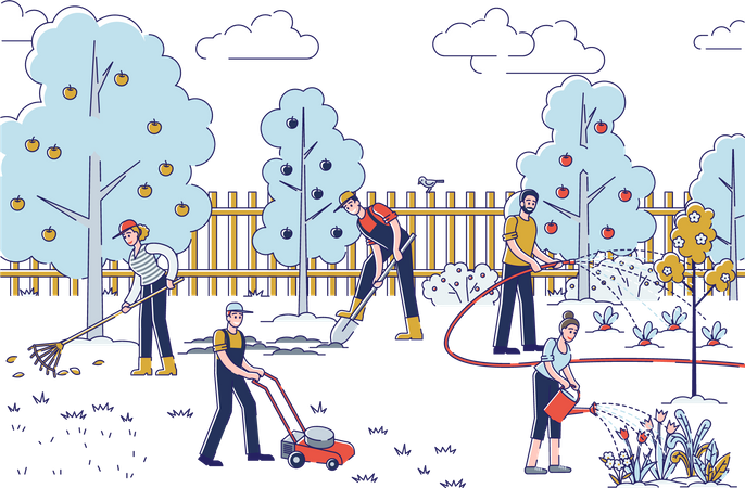 Hombres y mujeres trabajando en el jardín.  Ilustración