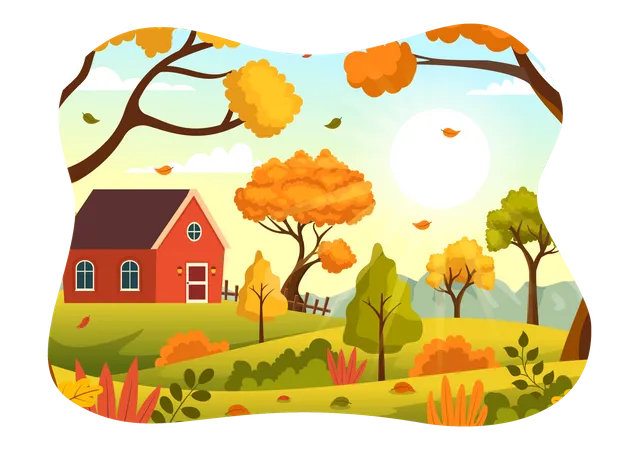 Autumn Vector Illustration Panoramic Of Mountains And Maple Trees Fallen With Yellow Foliage In Flat Cartoon Hand Drawn Landing Page Templates Illustration