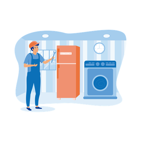 Home appliance repair technician service with washing machine and refrigerator  Illustration