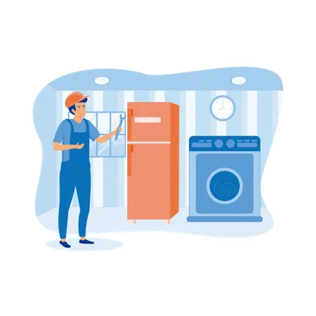 Home appliance repair technician service with washing machine and refrigerator  Illustration