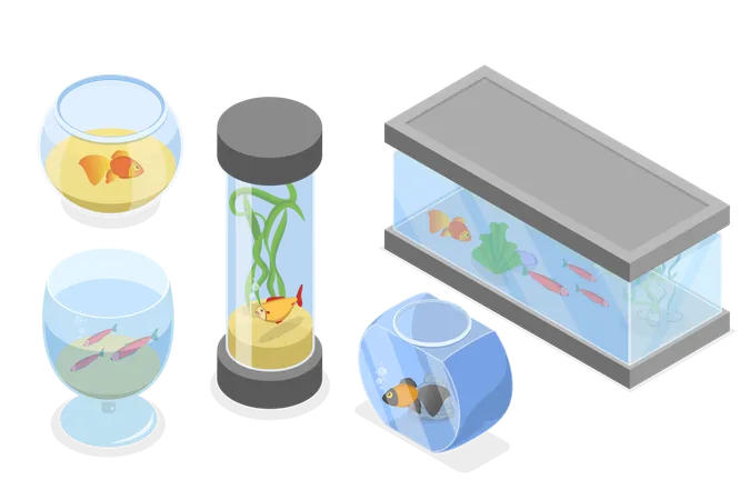 3 D Isometric Flat Vector Set Of Home Aquariums Aquatic Pet Containers Illustration