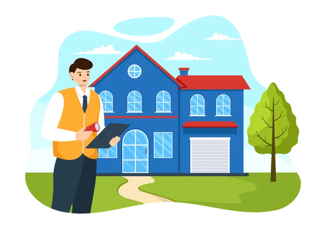 Home Inspector Vector Illustration With Checks The Condition Of The House And Writes A Report For Maintenance Rent Search In Flat Background Illustration