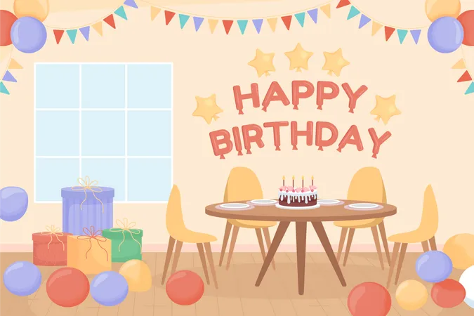 Home Birthday Party Flat Color Vector Illustration Celebrating And Greeting Friends Family Members House Party 2 D Simple Cartoon Interior With Decorations On Background Fredoka One Font Used Illustration