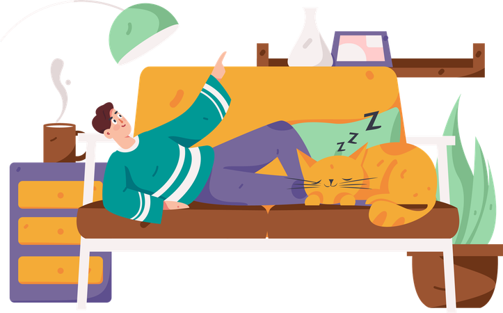 Home Boy lying on couch with sleeping cat  Illustration