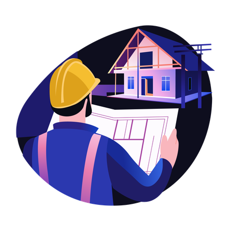 Home builder checking architectural plan  Illustration