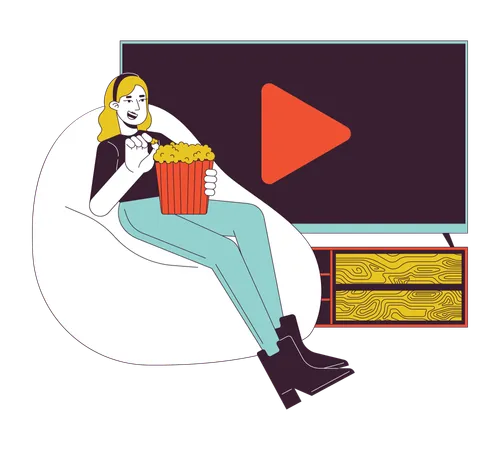 Home Cinema Popcorn Line Cartoon Flat Illustration Caucasian Girl On Beanbag Chair Eating Popcorn 2 D Lineart Character Isolated On White Background Watching Movie Stream Scene Vector Color Image Illustration
