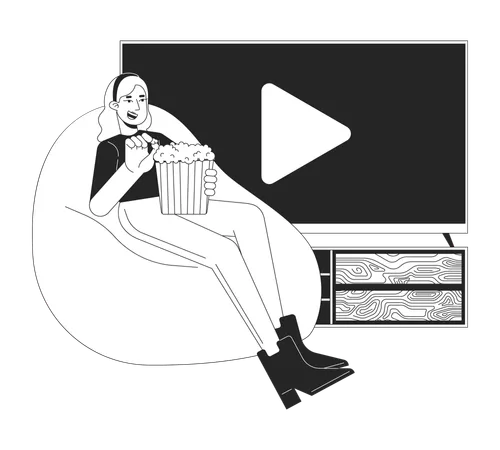 Home Cinema Popcorn Black And White Cartoon Flat Illustration Caucasian Girl On Beanbag Chair Eating Popcorn 2 D Lineart Character Isolated Watching Movie Stream Monochrome Scene Vector Outline Image Illustration