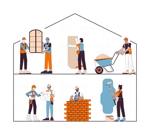 Home Construction Site 2 D Linear Illustration Concept Diverse Building Contractors Cartoon Characters Isolated On White Installers Builders Hardhat Metaphor Abstract Flat Vector Outline Graphic 일러스트레이션