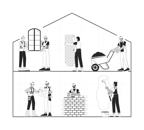 Home Construction Site Black And White 2 D Illustration Concept Diverse Building Contractors Cartoon Outline Characters Isolated On White Installers Builders Hardhat Metaphor Monochrome Vector Art Illustration