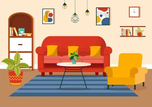Home Decor Vector Illustration With Living Room Interior And Furniture Such As Comfortable Sofa Window Chair House Plants And Accessories イラスト