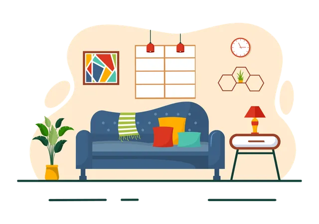 Home Decor Vector Illustration With Living Room Interior And Furniture Such As Comfortable Sofa Window Chair House Plants And Accessories イラスト