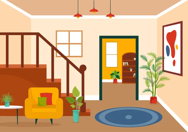 Home Decor Vector Illustration With Living Room Interior And Furniture Such As Comfortable Sofa Window Chair House Plants And Accessories Illustration