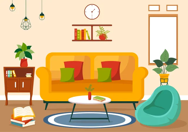 Home Decor Vector Illustration With Living Room Interior And Furniture Such As Comfortable Sofa Window Chair House Plants And Accessories Illustration