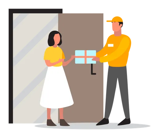 Delivery Man With A Purchase Courier In Uniform Brings A Box To Customer Character In A Cap Delivery Service Vector Illustration In Cartoon Style Illustration