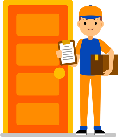 Home Delivery - Courier boy stands near the home door and holds package box  Illustration