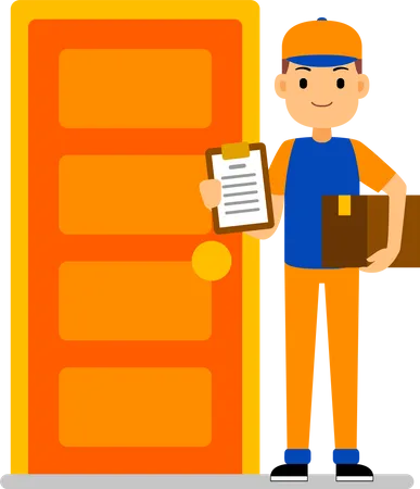 Home Delivery - Courier boy stands near the home door and holds package box  Illustration