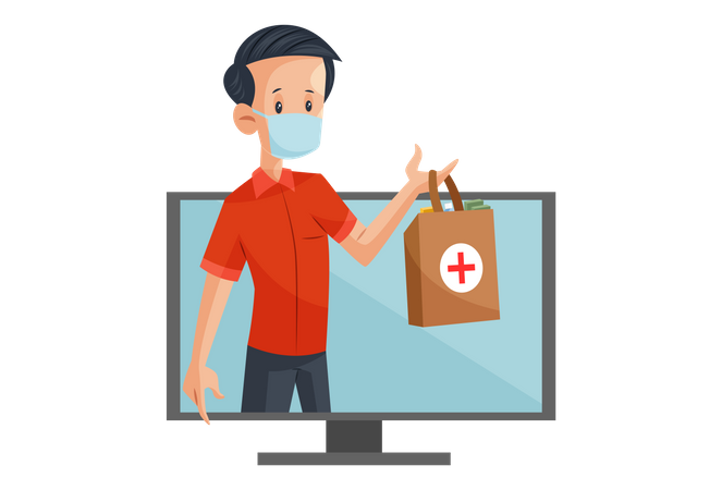 Home delivery of online ordered medicine  Illustration