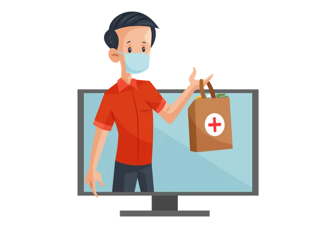 Home delivery of online ordered medicine  Illustration