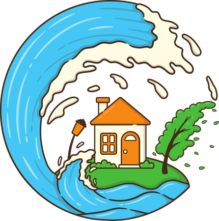 Home destruction by tsunami disaster  Illustration