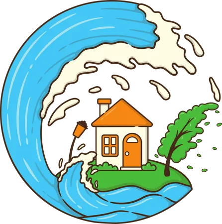 Home destruction by tsunami disaster  Illustration