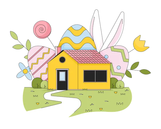 Home Easter Celebration 2 D Linear Illustration Concept Eastertime Holiday At House Cartoon Scene Isolated On White Rabbit Eastertide Eggs Springtime Metaphor Abstract Flat Vector Outline Graphic Illustration