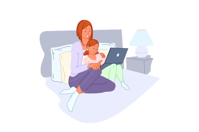 Family Leisure Computer Training Home Entertainment Pc Learning Concept Smiling People In Pajamas Mother And Daughter With Laptop Parent And Kid Using Computer In Bedroom Simple Flat Vector Illustration