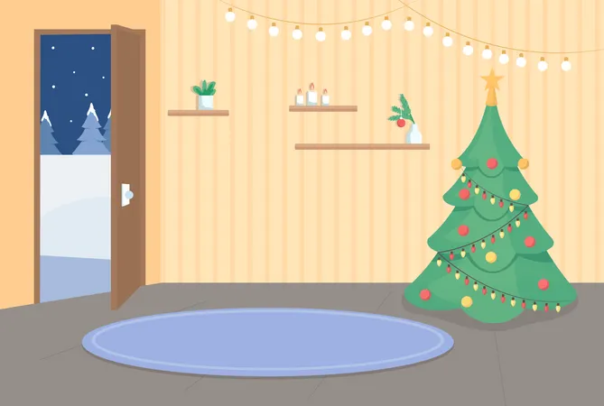 Home Entrance On Christmas Flat Color Vector Illustration Xmas Tree In Corner Decorated Apartment House Hallway 2 D Cartoon Interior With Opened Door To Winter Evening On Background Illustration