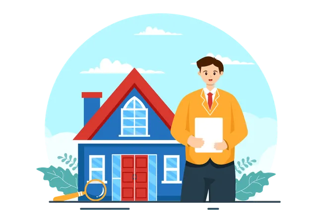 Home Inspector Vector Illustration With Checks The Condition Of The House And Writes A Report For Maintenance Rent Search In Flat Background イラスト