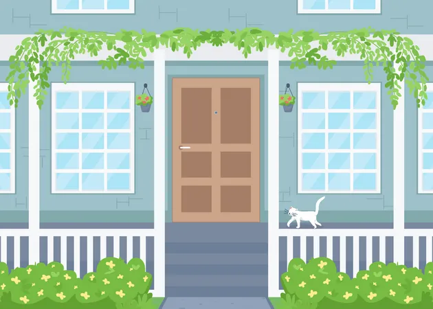 Home Exterior Flat Color Vector Illustration Suburban Residence Spring Summer Season Cat On Porch House Entrance With Patio 2 D Cartoon Scene With Door And Windows On Background Illustration