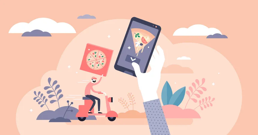 Home Food Delivery Service Concept Flat Tiny Person Vector Illustration Online Mobile App Pizza Ordering From Local Restaurant Catering Industry Crisis Strategy And Adapting For Global Change Illustration
