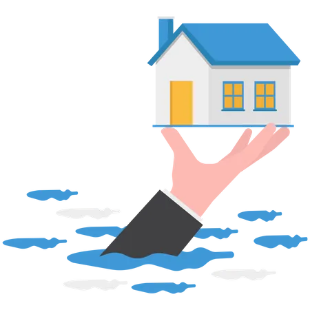 House Insurance Protection From Disaster Safety And Rescue From Storm And Flood Home Care Concept Big Human Hand Helping House Above Flood Water Level Protect From Damage 일러스트레이션