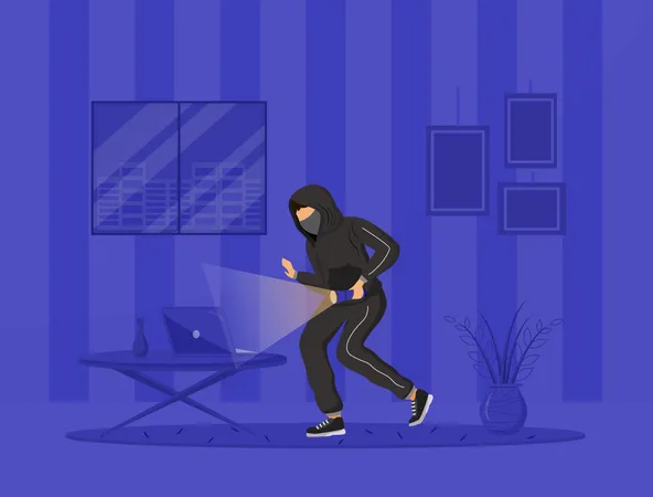 Home Invasion Flat Color Vector Illustration House Thief Burglar With Flashlight Breaking In Apartment At Night Felonious Act 2 D Cartoon Characters Interior On Background Illustration