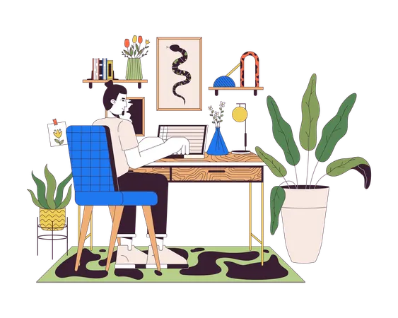 Home Office Line Cartoon Flat Illustration European Man Working On Laptop 2 D Lineart Character Isolated On White Background Comfortable Domestic Workplace Interior Scene Vector Color Image Illustration