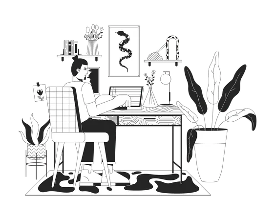 Home Office Black And White Line Illustration European Man Working On Laptop 2 D Lineart Character Isolated Comfortable Domestic Workplace Interior Monochrome Scene Vector Outline Image Illustration