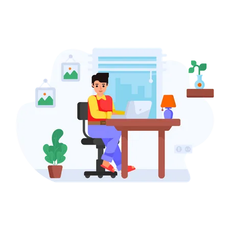 Home Office Concept With Employee Sitting And Doing Online Job Flat Illustration Illustration