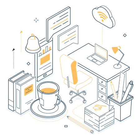 Home Office Isometric Black And Yellow Line Illustration Remote Working And Online Communication Idea Typical Workday Laptop Earning Money Desk Tea Cup Stickers Books Wi Fi Freelance Illustration