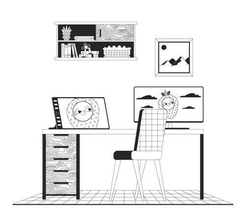Home Office Desk With Digital Tablet Black And White Cartoon Flat Illustration Graphic Designer Computer Table 2 D Lineart Interior Isolated Freelance Workspace Monochrome Scene Vector Outline Image Illustration